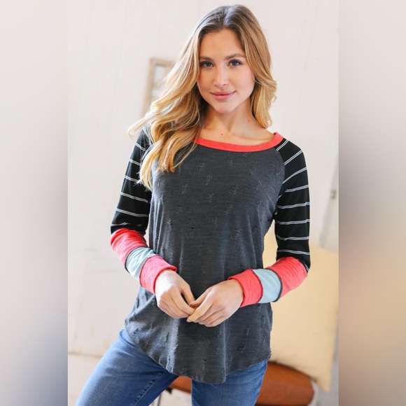 Charcoal Coral Floral Black Stripe Raglan Sleeve Top_Plus main image 1